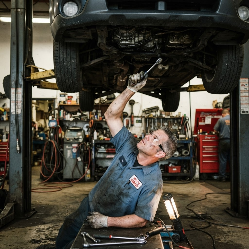 Mechanic working under a lift in an auto repair shop