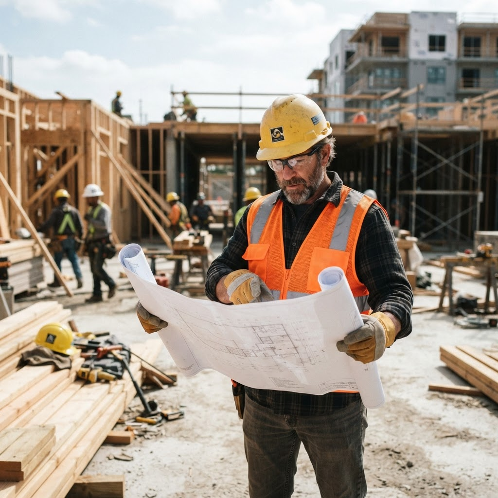 Contractor reviewing plans on a job site