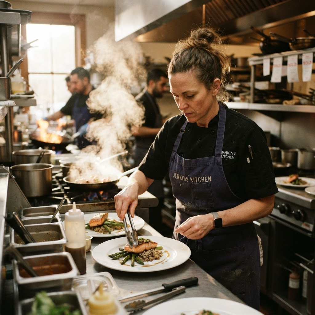 Restaurant owner working the line in a busy kitchen