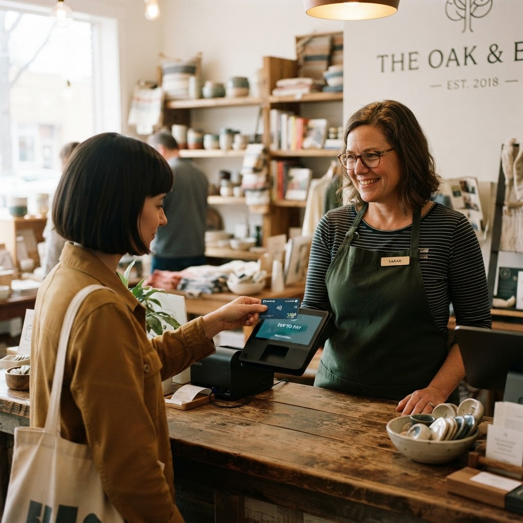 Shop owner taking a card payment at the counter